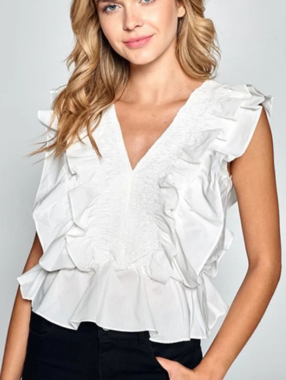 Do + Be Cropped Ruffled V-Neck Peplum Top - White